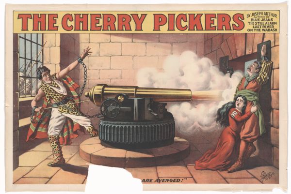 Color lithograph poster. An Afgan prisoner with chains on his wrists fires a cannon past a man and a woman prisoner in it while a mob gathers outside the prison. The caption reads "By Joseph Arthur/Author of "Blue Jeans"/"The Still Alarm"/ "Lost River on the Wabash."