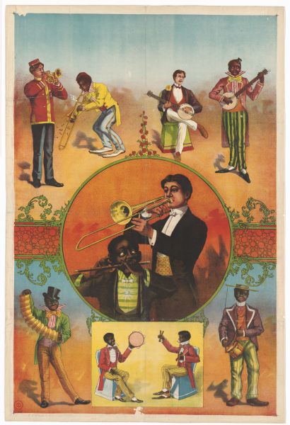 This color lithograph poster has a central circular image of a trombone player and a flute player which is surrounded by scenes with other musicians playing banjo, concertina, drums, bones, tambourine, cornet, and trombone. It is identical to the bottom portion used by the De Kreko Brothers touring show.