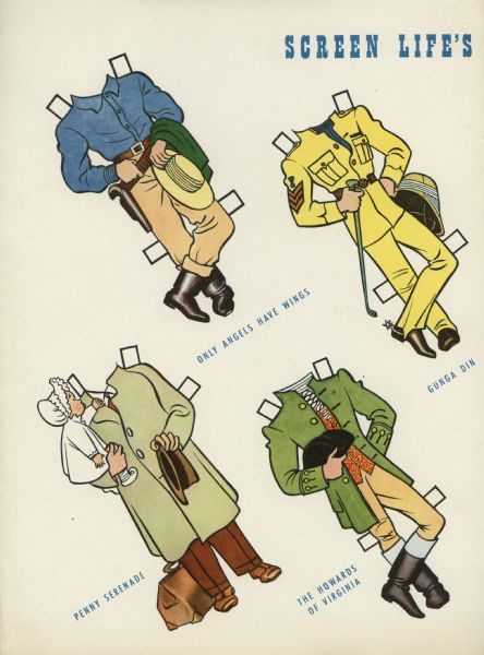 Color offset printed left hand page of a two page Cary Grant paper doll published in "Screen Life" probably in May 1941. The dolls were designed by Jacques Kapralik. Paper costumes are included for the films "Only Angels Have Wings," "Penny Serenade," "Gunga Din," "The Howards of Virginia," and "The Philadelphia Story."