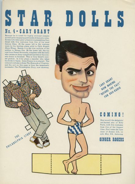 Color offset printed right hand page of a two page Cary Grant paper doll published in "Screen Life" probably in May 1941. The dolls were designed by Jacques Kapralik. A printed note explains "Cary Grant now making 'Before the Fact' for RKO-Radio."