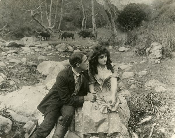 Ray Myers courts Ethel Grandin as they sit on a boulder in a scene still from "Across the Plains," also known as "War on the Plains." Behind them is a small herd of long-horned cattle.