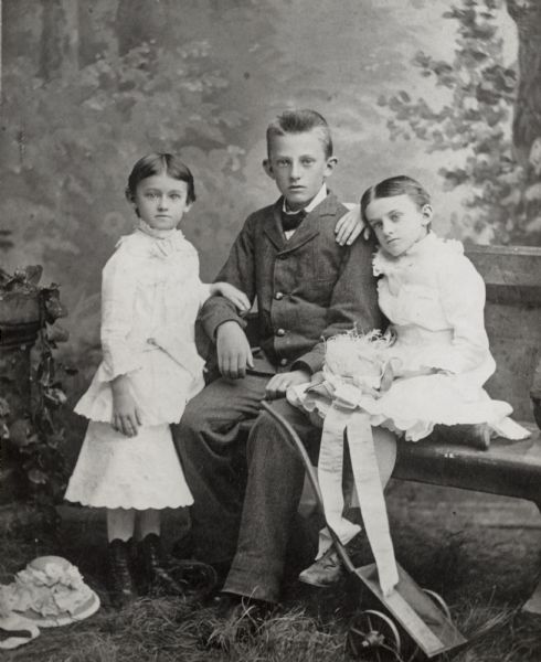 Childhood portrait of Raymond Hitchcock and his two sisters. Hitchcock would become a well-known actor and producer on Broadway and a player in silent films.