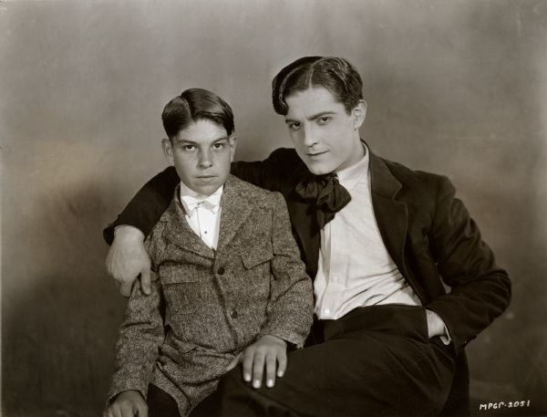 Publicity still of the silent film star Ramon Novarro and his thirteen year old brother Eduardo Samaniego who played the young Novarro in the 1924 Metro-Goldwyn production "The Red Lilly."