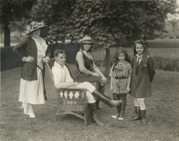 The theatrical Stone family at Chin Chin Ranch. From left to right: Allene Crater (Mrs. Fred Stone), Fred Stone, Dorothy Stone, Carol Stone, and Paula Stone.