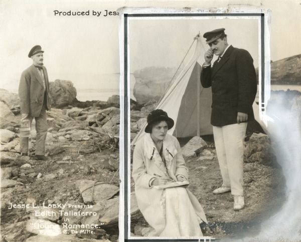 Held against her will on a desolate island, Nellie Nolan (played by Edith Taliaferro) is forced to write her own kidnapping note by Spagnoli (Al Ernest Garcia, twisting his moustache) who believes her to be a wealthy heiress. Behind them is a tent and a lackey carrying a jug of water.