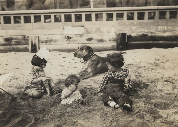 From left to right, digging in beach sand, are Olive Johnson, Violet Radcliffe, Teddy the Dog, and Francis Carpenter in a scene still for the 1915 silent short film "The Baby."