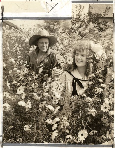 Dressed for farming, John Tremaine, Jr., played by Harold Lockwood, sits in a field of daisies with Isobel Malvern (May Allison) in a scene still for the silent drama "Big Tremaine."