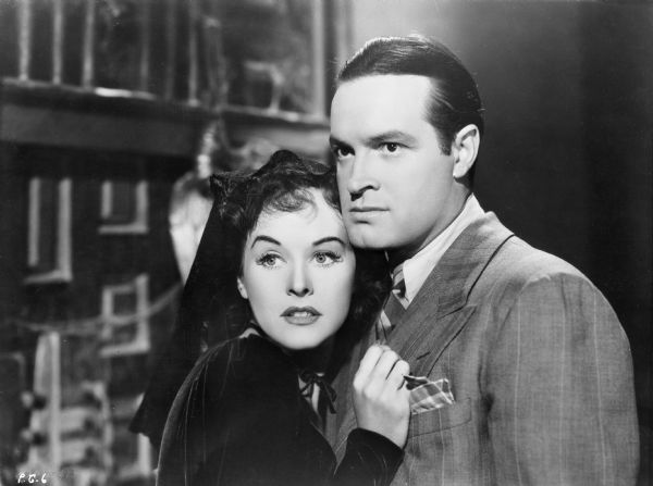 Paulette Goddard and Bob Hope appear worried in a scene still from "The Ghost Breakers."