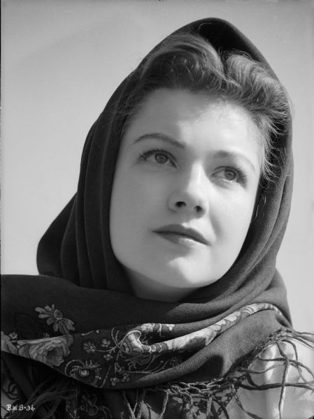 Anne Baxter is costumed as Marina Pavlov in a publicity still for the 1943 production "The North Star."