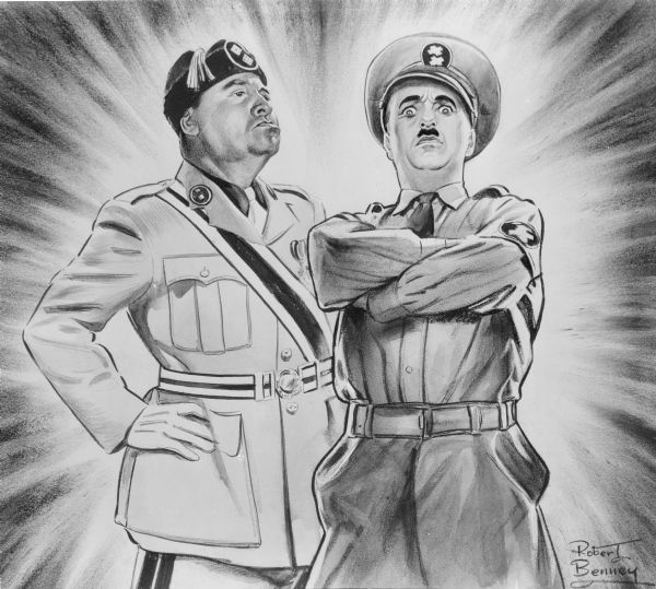 In this poster design element for Charlie Chaplin's "The Great Dictator," Chaplin's character Hynkel stands in uniform with his arms crossed on the right and the dictator Napoloni, played by Jack Oakie, scowls on the left with his hands on his hips.