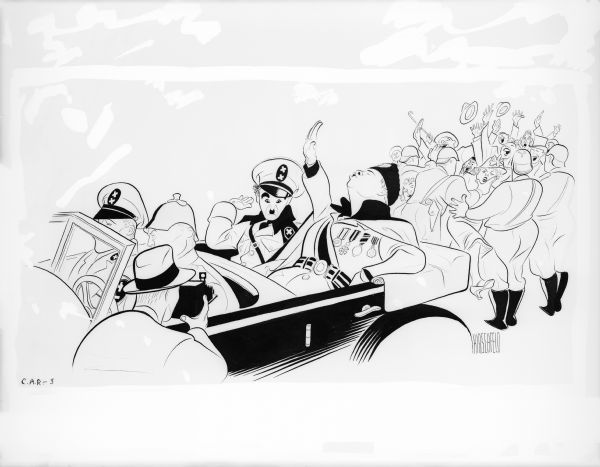 In this Al Hirschfeld cartoon promoting Charlie Chaplin's film "The Great Dictator,"
the dictators Hynkel and Napaloni ride in the back of an open car giving salutes to a crowd.
