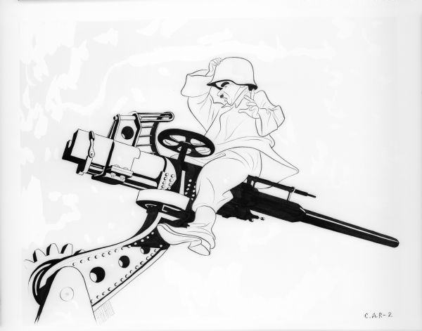 Al Hirschfeld's drawing shows Charlie Chaplin's Jewish barber character in German army uniform sitting on a cannon as though it were a horse, although facing the breech instead of the barrel.