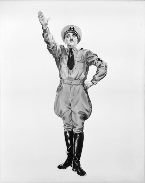 This photographic element of a poster design shows Charlie Chaplin's Hynkel character full length in a military uniform including jodhpurs. He is making a Nazi salute, the Hitlergruß.