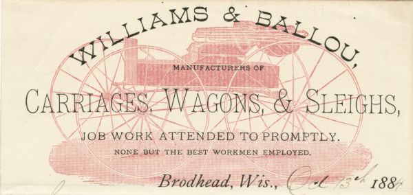 Letterhead of Williams & Ballou of Brodhead, Wisconsin, a manufacturer of carriages, wagons, and sleighs, with a background image of a carriage printed in red on lined note paper.