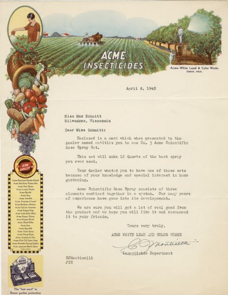 Letterhead of the Acme White Lead & Color Works of Detroit, Michigan, which as part of its business produced insecticides for farm and home garden application. Full-color images include the insecticides being applied by hand by a home gardener, by means of handheld sprayers and a wagon by orchard workers, and by a farmer driving a horse-drawn plow that sprays insecticides in its wake as it moves down rows of crops. Also along the side of the page is a cornucopia of fresh fruits and vegetables, with a sidebar of product listings and an image of a store display of rose spray.