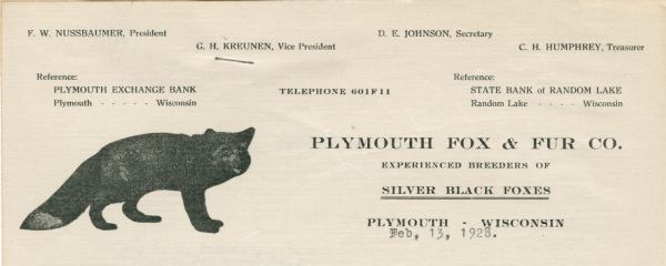 Letterhead of the Plymouth Fox & Fur Company of Plymouth, Wisconsin, breeders of silver black foxes, with a halftone image of a fox.