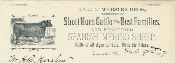 Letterhead of Webster Bros. of Danville, Wisconsin, breeders of short horn cattle and Spanish Merino sheep, with text and a stock image of a cow printed in blue ink. "Dewey, Del." is printed below the image.