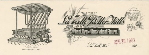 Letterhead of the La Valle Roller Mills, a miller of wheat, rye, and buckwheat flours and cornmeal. Includes illustrations of Plansifter System machinery, a company logo with stalks of wheat and blossoms, and slogans, such as "Legal Tender Can't Be Beat Winter White Nectar". "Litho. Pioneer Press Co. St. Paul, Minn." appears in the upper right-hand corner of the page.