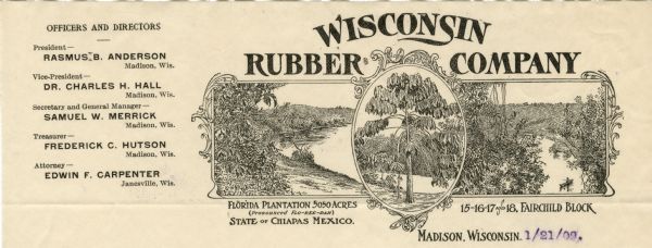 Letterhead of the Wisconsin Rubber Company of Madison, Wisconsin, which operated the Florida plantation in the state of Chiapas, Mexico. Includes an oval image of a rubber tree set into a larger scene with abundant foliage and a person going down a river in a boat.