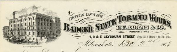 Letterhead of the Badger State Tobacco Works of Milwaukee, Wisconsin, with a three-quarter view of the building, men working on boats moored near the waterfront along the side of the building, people on the sidewalk, and workers loading a wagon. Printed by the Western Engraving Company of Chicago.