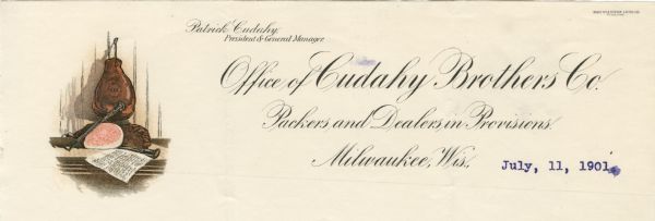 Letterhead of the Cudahy Brothers Company, a meat packer from Milwaukee, Wisconsin, with a color image of a package of meat hanging from a hook on a wall, with other cuts of meat, knives, and a letter on a ledge beneath it. "Northwestern Litho. Co. Milwaukee" is printed on the upper right-hand corner of the page.
