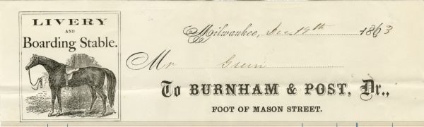 Billhead of Burnham & Post of Milwaukee, a livery and boarding stable, with a side view of a horse outfitted with a saddle and bridle.