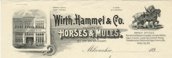 Letterhead of Wirth, Hammel & Company, a dealer in horses and mules headquartered in Milwaukee, Wisconsin, with a front view of the company building on the left of the page and a pair of harnessed horses on the right. Printed by the Gugler Litho. Company, Milwaukee.