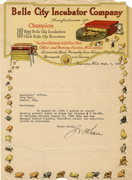Letterhead of the Belle City Incubator Company of Racine, Wisconsin, manufacturers of hatching equipment. Includes illustrations of an egg incubator and a chick brooder, with a border of chicks running along the sides and bottom of the page. Printed in black, red, and yellow ink.