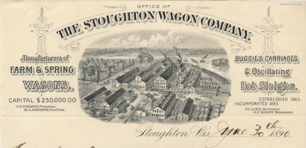 Letterhead of the Stoughton Wagon Company, a manufacturer of wagons, buggies, carriages, and oscillating bob sleighs, from Stoughton, Wisconsin, with an image of the plant complex, which appears to cover a city block or more near the waterfront. Stoughton Mills is seen in the background. Printed by the "Milwaukee Litho. & Engr. Co."