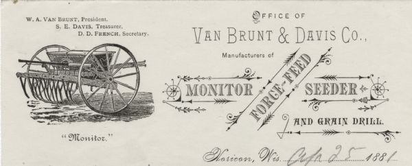 Letterhead of the Van Brunt & Davis Company of Horicon, Wisconsin, manufacturers of agricultural implements, including the Monitor Forge-Feed Seeder and Grain Drill, which is pictured. Printed on lined note paper.