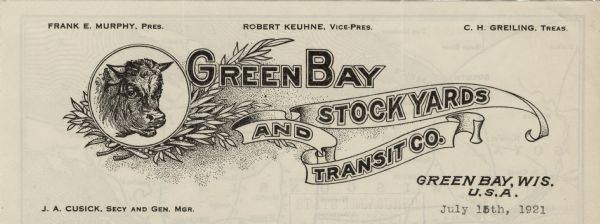 Memohead of the Green Bay Stock Yards and Transit Company, with a circular image of a cow's head against a background of a leafy branch and the company name, part of which is printed on a swirling banner.