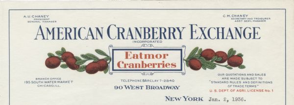 Letterhead of the American Cranberry Exchange, which had a main office in New York City and a branch office in Chicago, with "Eatmor Cranberries" in a scroll in the center and two-color images of fruit-laden cranberry branches on either side. Text is printed in blue and red ink.