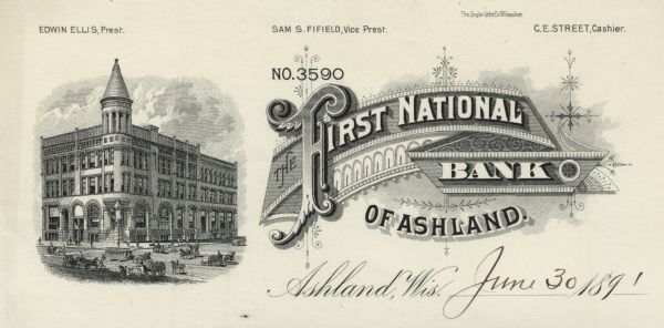 Memohead of the First National Bank of Ashland, with a three-quarter view of the bank building and a street scene with several horse-drawn carriages and wagons as well as people standing on the sidewalk.  The name of the bank is printed in three different typefaces, an elaborate initial letter, and a banner with an ornamental background. Printed by the Gugler Lithographic Company, Milwaukee.