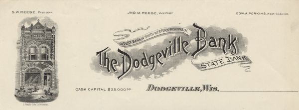 Letterhead of the Dodgeville (State) Bank, with a front view of the bank building. There is a datestone at the top of the bank building that reads: "1895" and below that is a stone that reads: "Reese" (family name of the bank president and vice-president). People are entering the bank and walking on the sidewalk, two people are in a horse-drawn carriage, there is a rider on horseback, and a dog is running in the street. Banners reading, "Oldest Bank in South Western Wisconsin" and "State Bank" surround the name of the bank. Printed by J. Knauber Lithographing Company, Milwaukee.