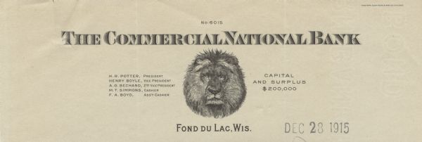 Numbered letterhead of the Commercial National Bank of Fond du Lac, Wisconsin, with a lion's head, names of bank officers, and the legend, "Capital and Surplus $200,000". Printed by Western Bank Note & Engraving Company, Chicago.
