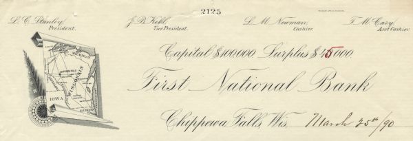 Numbered letterhead of the First National Bank, with a map of Wisconsin and a starred location marker for Chippewa Falls, a medallion, and a flowering stalk. Names of the bank officers are printed along the top edge above the legend, "Capital $100,000. Surplus $40,000" (revised by hand in red ink to $45,000). Printed by the Gugler Lithographic Company, Milwaukee.