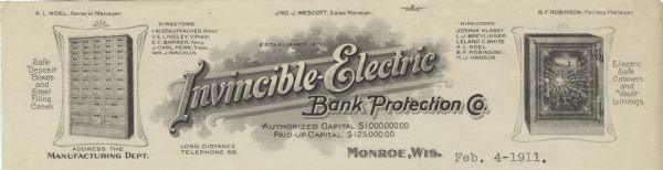 Letterhead of the Invincible-Electric Bank Protection Company of Monroe, Wisconsin, a manufacturer of and dealer in bank protection fixtures, with side images of a case of safe deposit boxes and an electric safe "cabiner". Printed by the Gugler Lithographic Company, Milwaukee, Wisconsin.