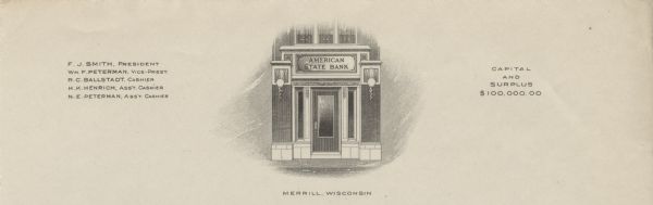 Letterhead of the American State Bank, with a front view of the bank entrance, names of the officers, and "Capital and Surplus $100,000.000".