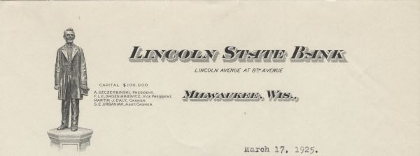 Letterhead of Lincoln State Bank, with a full-length statue of Abraham Lincoln standing, names of the bank officers, and "Capital $100,000".