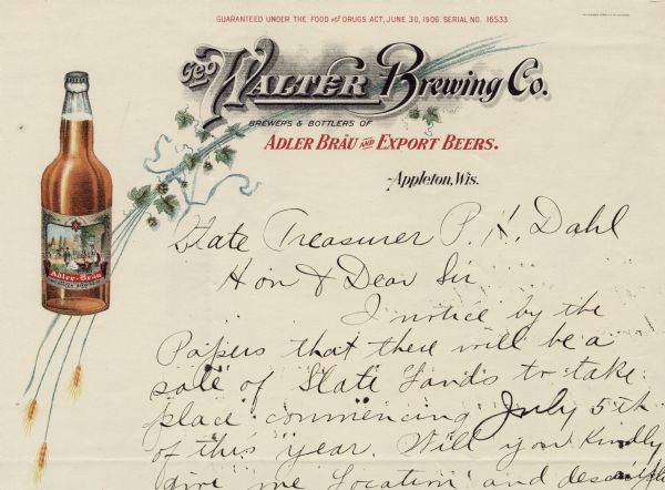 Letterhead of the George Walter Brewing Company of Appleton, Wisconsin, brewers of Adler Bräu and export beers. On the left is a full-color image of a bottle of Adler-Bräu beer and a spray of stalks of wheat or barley bound together with leaves and cones of the hop plant. Printed by the Wilmanns Brothers Company, Milwaukee.