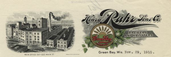 Memohead of the Henry Rahr Sons' Company of Green Bay, Wisconsin, brewers and maltsters, with an elevated view of the main office at 1317-1323 Main St. on the left. On the right is the company's circular trademark of a golden setting sun with rays formed by stalks of wheat or barley over a green body of water and the words "Green Bay" printed in red ink. The trademark is surrounded by stalks of wheat or barley, and leaves and cones of the hop plant printed in green ink. Printed by Bankers Supply Company, Green Bay.