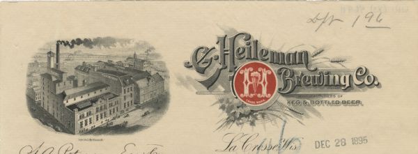 Memohead of the G. Heileman Brewing Company of La Crosse, Wisconsin, manufacturers of keg and bottled beer, with an elevated view of the brewery complex, including buildings labeled brew house, pneumatic malt house, malt kiln, elevator, bottling department, refrigerator machines, stables, storage, and cold storage. The company trademark, consisting of the letter "H" and an overflowing glass of beer, is printed in red ink and inset into a spray of wheat or barley and hops surrounded by the name of the brewery. Heileman was acquired by Stroh's in the 1990s, and then became part of the Pabst Brewing Company. Printed by the Gugler Lithographic Company, Milwaukee.
