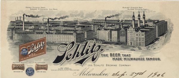 Memohead of the Joseph Schlitz Brewing Company of Milwaukee, Wisconsin, with an elevated view of the brewery complex, including an elevator and other storage facilities for grain, and many horse-drawn wagons and streetcars in the road. The Schlitz name is prominently featured with the slogan "The Beer That Made Milwaukee Famous," as is a registered rhomboid label printed in brown and blue ink. Below that are two corks, and a registered circular trade mark of a globe with a banner across it with the Schlitz name and the slogan "Guaranteed Brewery Bottling." Printed by American Fine Art, Milwaukee.