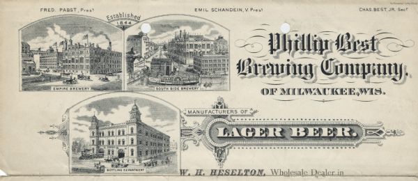 Letterhead of the Phillip Best Brewing Company of Milwaukee, Wisconsin, with three separate proscenium views of the Empire Brewery, the South Side Brewery, and the Bottling Department. The Empire Brewery scene is a three-quarter view of the buildings, including a grain elevator, with several people driving horse-drawn wagons in the street, and a few people standing or walking. The South Side Brewery includes a three-quarter view of the brewery buildings, including an elevator and patented ice houses, and people in a row boat and a paddle-wheel boat named "Comet" that is docked near the waterfront. The third view includes a three-quarter view of the Bottling Department building, with several horse-drawn wagons and a train leaving the building. "[Manufacturers of] Lager Beer" is printed in a decorated lozenge. Printed by the Milwaukee Lithographing & Engraving Company.