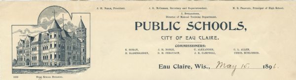 Letterhead of the City of Eau Claire Public Schools, with a three-quarter view of the High School building, and names of officers of the school district and names of city commissioners. Printed in blue ink on lined paper.