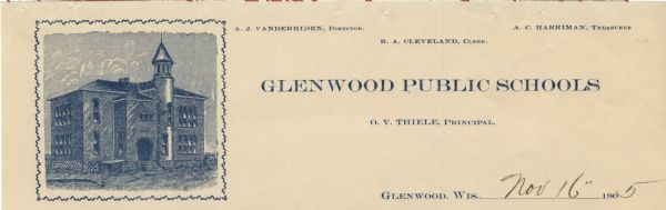 Memohead of the Glenwood Public Schools, with a three-quarter view of a school building, and names of school officials. Printed in blue ink on memo pad paper.