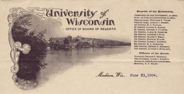 Letterhead of the University of Wisconsin Board of Regents, with a duotone view across Lake Mendota toward Bascom Hall, with other university buildings and the boathouse visible. The image is bordered by scrollwork and the top of a column on the left-hand side, and names of the regents and officers of the board on the right. Printed in brown ink by Clark Engraving Company, Milwaukee.