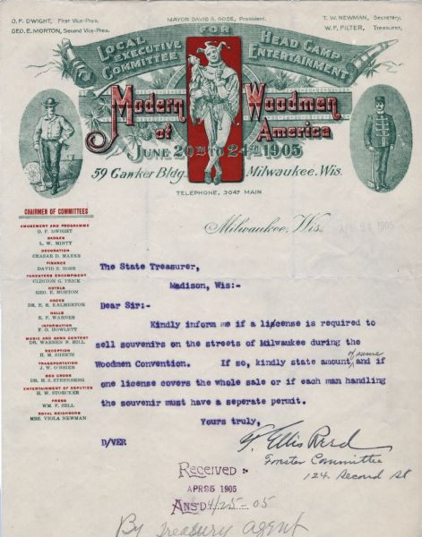 Letterhead of the Milwaukee office of the Local Executive Committee for Head Camp Entertainment for a convention on June 20th to 24th, 1905, of the Modern Woodmen of America, a fraternal benefit society founded in 1883. The letterhead has a costumed jester against a red background holding a jester's head on a stick, on the left a figure of a logger in work clothes holding an axe and standing beside a cut log, and on the right a uniformed figure of a man holding an axe. Text is printed on banner, sign, and circle fields decorated with evergreen branches and cones. A list of chairmen of committees is printed alongside the left-hand side of the page. Printed in green and red ink.