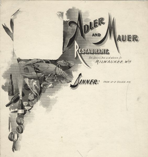 Letterhead of the Adler and Mauer Restaurant of Milwaukee, Wisconsin, with a blank area in the form of a page "tipped in" to the background, with an array of wine bottles, a champagne bottle spraying champagne upwards, drink glasses, a fish, a lobster, and clam shells.