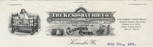 Letterhead of the Kenosha Crib Company of Kenosha, Wisconsin, "Manufacturers of the Latest in Children's Cribs". Features an outdoor scene of a child standing in a play pen, and another child wheeling a younger child across the grass in a two-wheeled stroller with a canopy. There is also the company's "GoodMorning" trade mark of a little girl standing up and holding onto the side bars of her crib. The company also manufactured children's beds, folding beds, and parlor tables. Printed by Wisconsin Bank Note Company, Milwaukee.